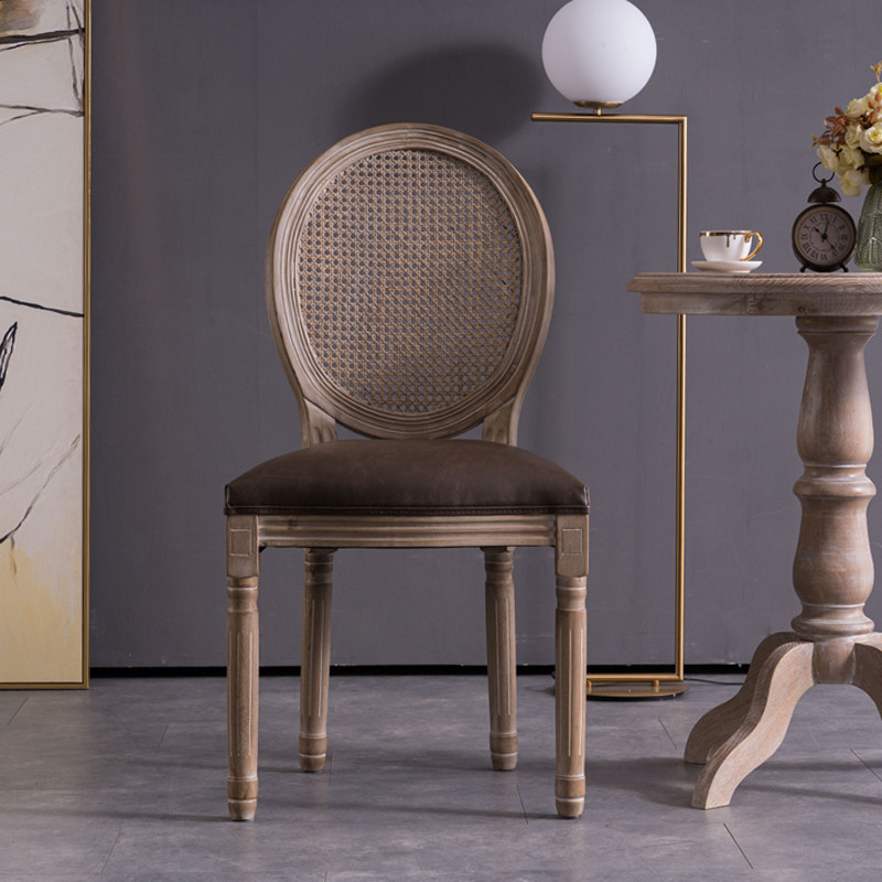 美式复古餐椅法式实木餐厅椅子藤网靠背仿古民宿休闲扶手原木椅子