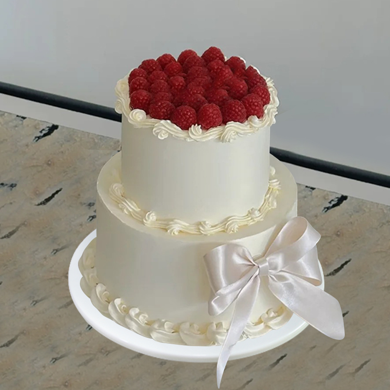 新款双层仿真蛋糕模型水果丝带蝴蝶结塑胶假蛋糕定制网红拍照道具