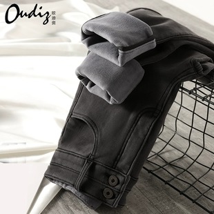 新款 2024年冬季 烟灰色显瘦铅笔弹力一体绒 女高腰小脚裤 加绒牛仔裤