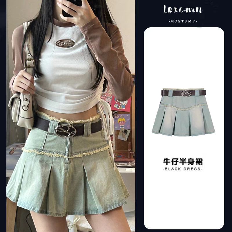 港风复古毛边牛仔短裙女2024夏季新款辣妹高腰显瘦a字半身裙ins潮