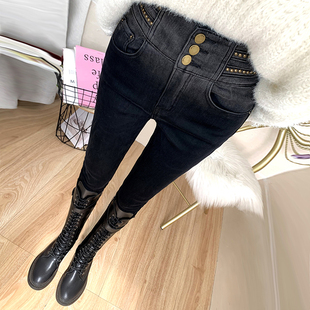 小脚长裤 女加绒修身 冬 特显瘦洋气黑灰色高腰收腹牛仔裤 过冬必入