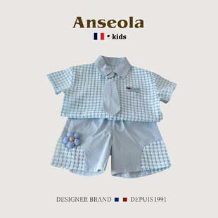 法国Anseola男童短袖衬衫套装夏季韩版绅士领带格子洋气套装帅气