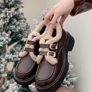 断码清仓真皮厚底乐福鞋春秋复古一字带单鞋女粗跟加绒百搭小皮鞋