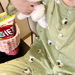 家居服 女2024春夏秋全棉婴儿棉纱薄款 A类纯棉双层纱长袖 睡衣套装