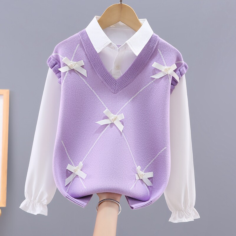 女童毛衣洋气春秋款2026儿童衬衫领假两件中大童女孩针织上衣春装