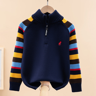 男童毛衣2025秋冬款儿童套头半拉链针织衫加绒男孩中大童纯棉线衣