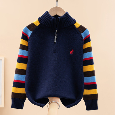 男童毛衣2025秋冬款儿童套头半拉链针织衫加绒男孩中大童纯棉线衣