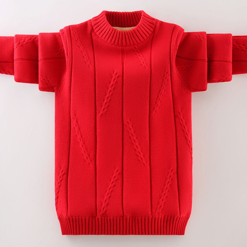 男童毛衣红色中大童加绒加厚针织衫纯棉男孩圆领上衣2021秋冬新款