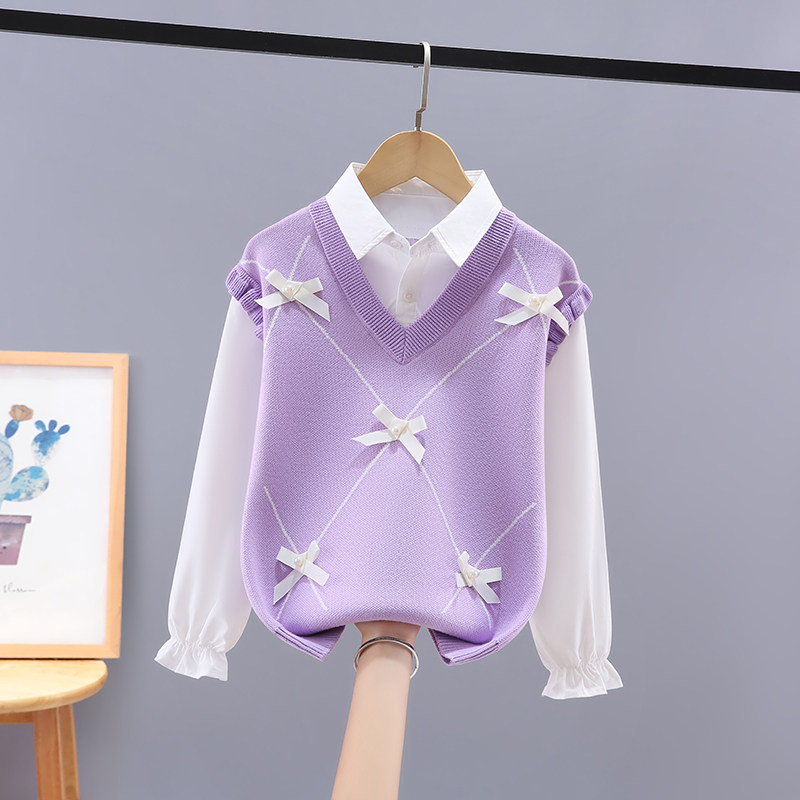 女童毛衣背心春秋款2025儿童针织假两件中大童女孩打底上衣秋装潮