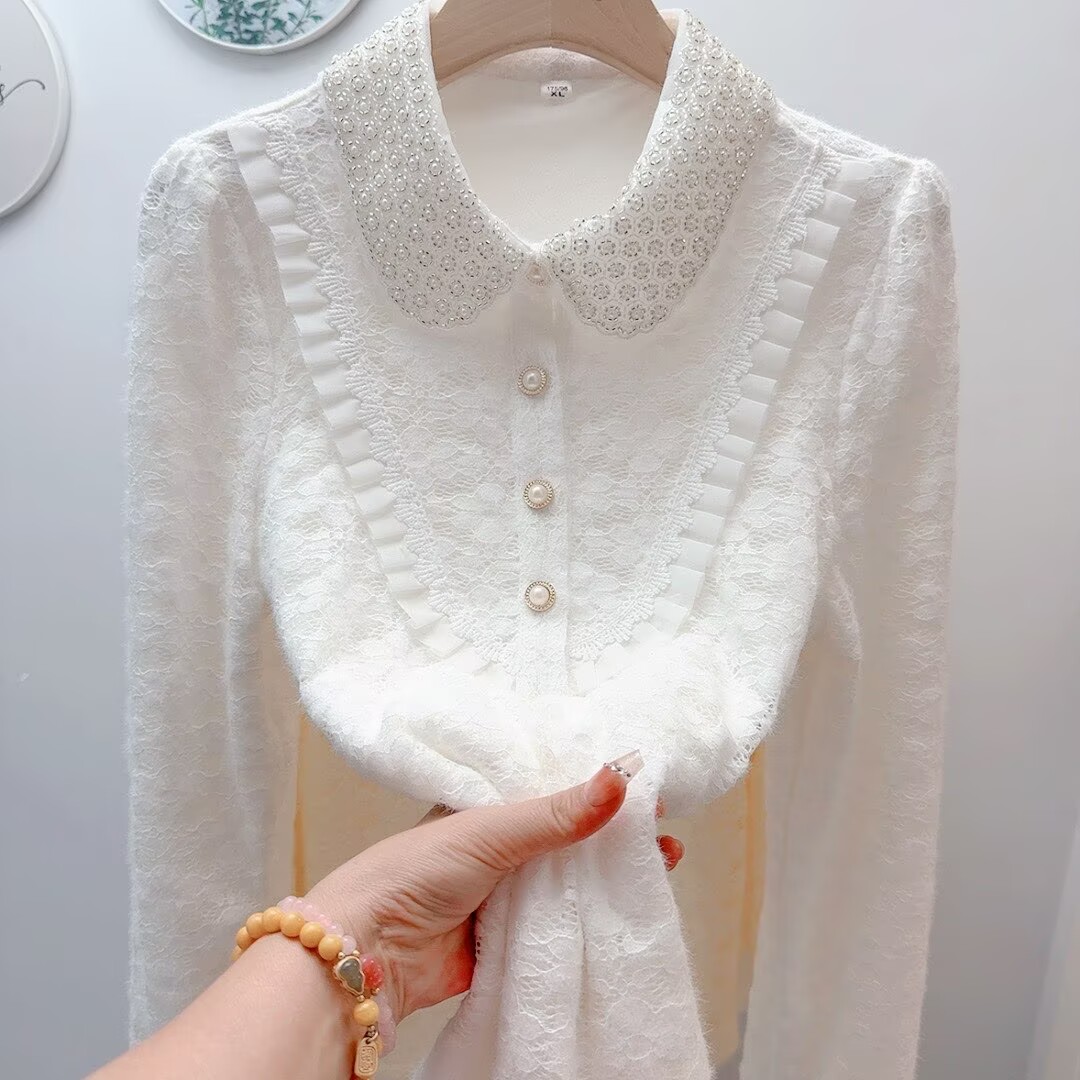 秋冬新款蕾丝加绒女娃娃领长袖上衣妈妈装宽松显瘦百搭打底衬衫