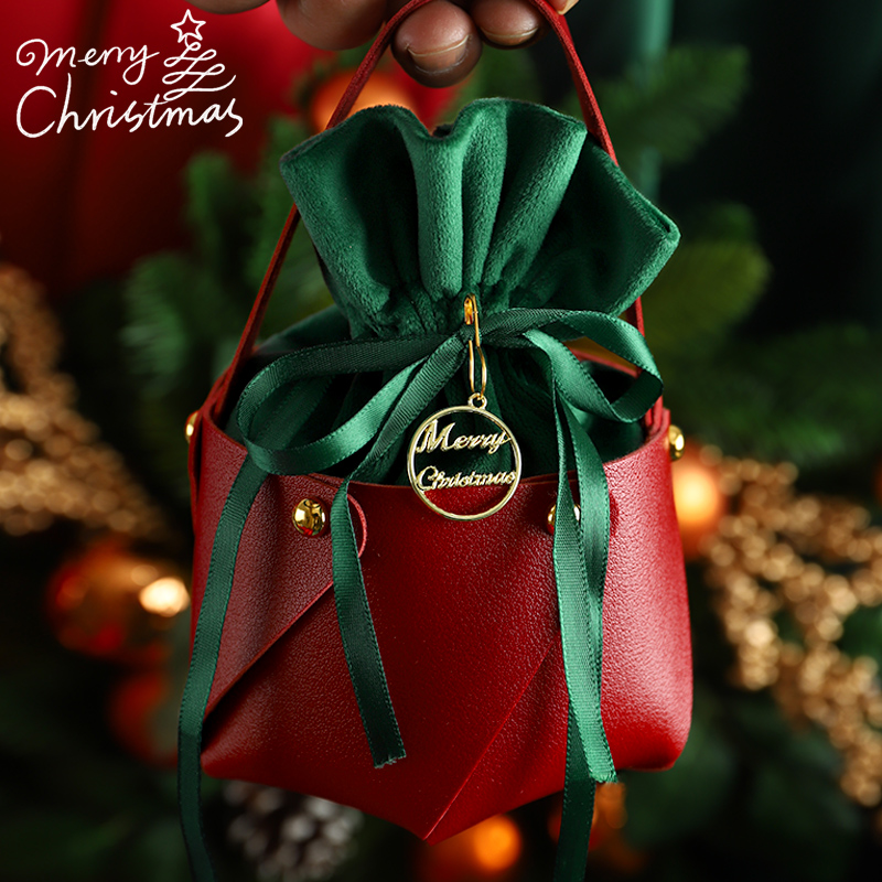 圣诞节苹果袋子平安夜礼物包装盒礼盒空皮质丝绒束口小礼品糖果袋
