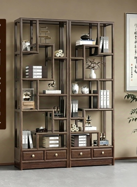 古典之家 新中式实木博古架 胡桃木色多宝阁客厅隔断陈列柜展示架