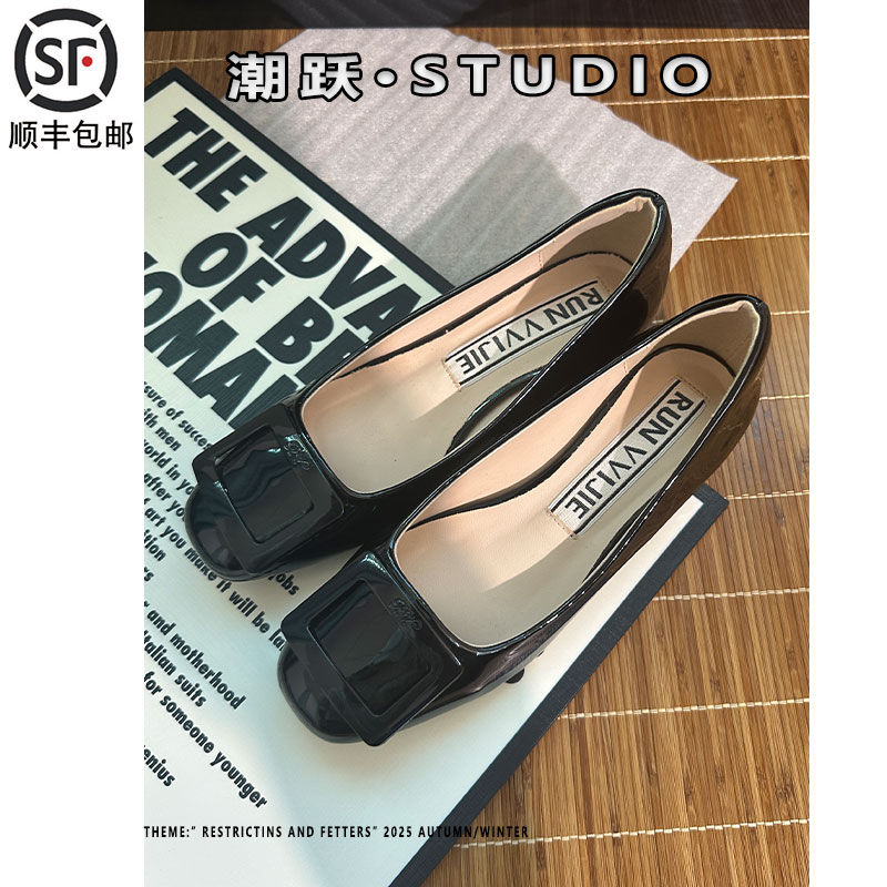 rv黑色圆头粗跟玛丽珍鞋女真皮2025秋季方扣水钻通勤风浅口单鞋女