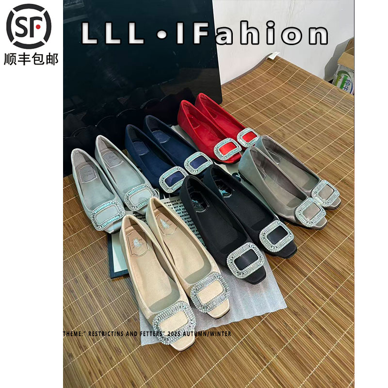 rv水钻方扣绸缎鞋女2025秋季方头通勤风真皮女鞋浅口矮跟网红单鞋