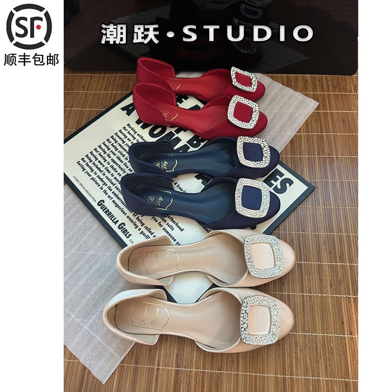 Right Video水钻方扣绸缎鞋女2025秋季一脚蹬中空时装凉鞋女真皮