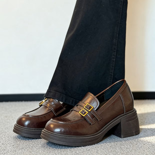 小个子内增高8cm皮带扣乐福鞋女真皮粗跟英伦风通勤复古小皮鞋女