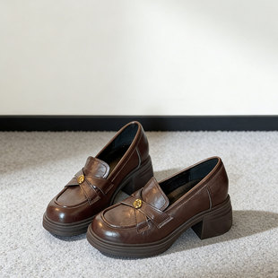 小个子内增高山茶花8cm乐福鞋女真皮英伦风复古小香风通勤小皮鞋