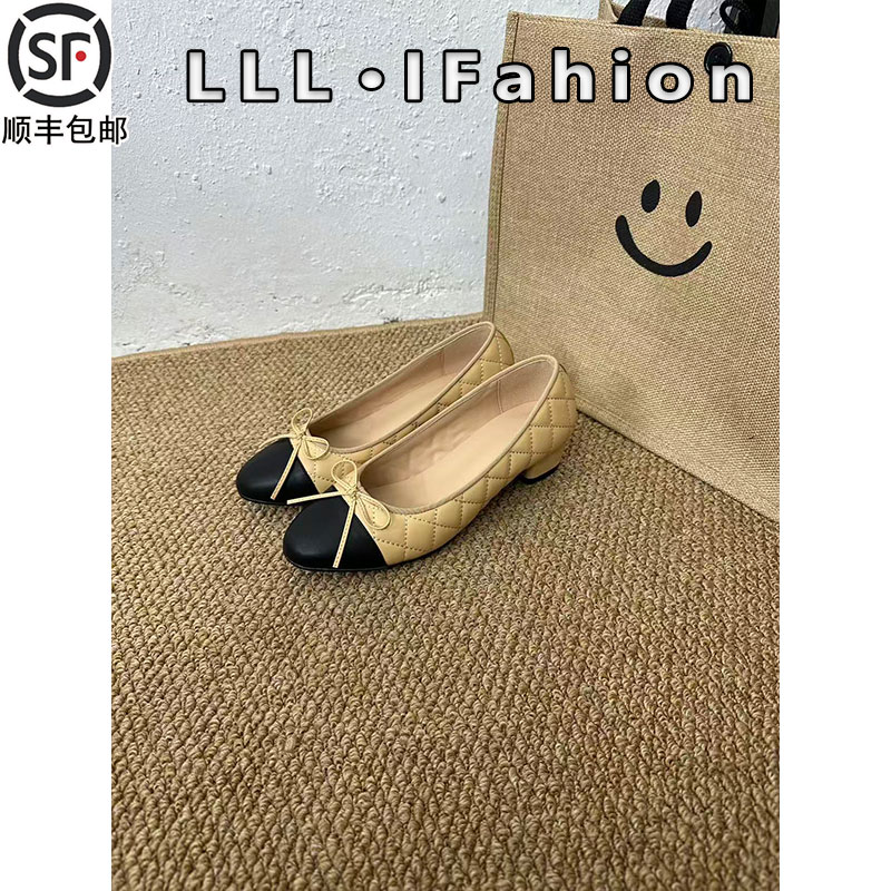 羊皮版粗跟蝴蝶结小香风菱格单鞋女真皮2025秋冬玛丽珍通勤平底鞋