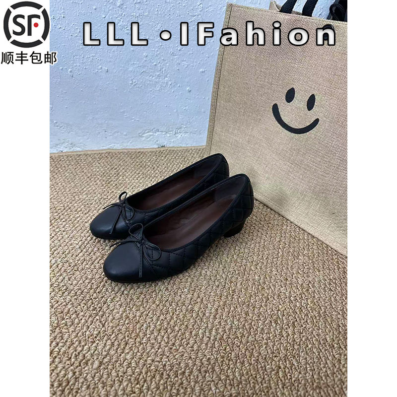 羊皮版粗跟蝴蝶结小香风菱格单鞋女2025秋冬玛丽珍通勤平底鞋真皮