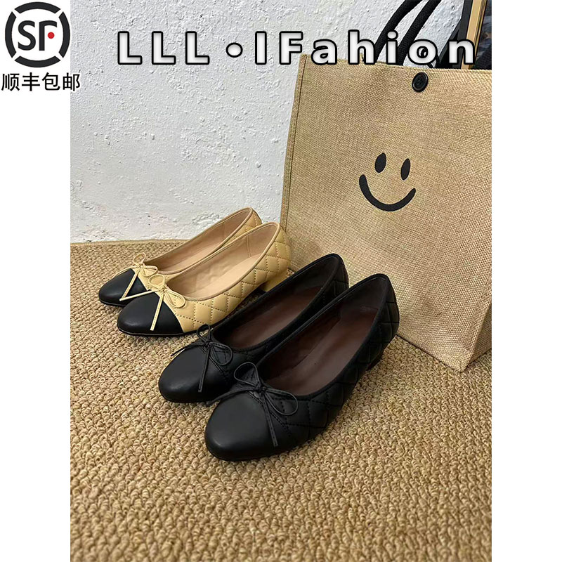 2025秋冬羊皮版粗跟蝴蝶结小香风菱格单鞋女玛丽珍通勤平底鞋真皮