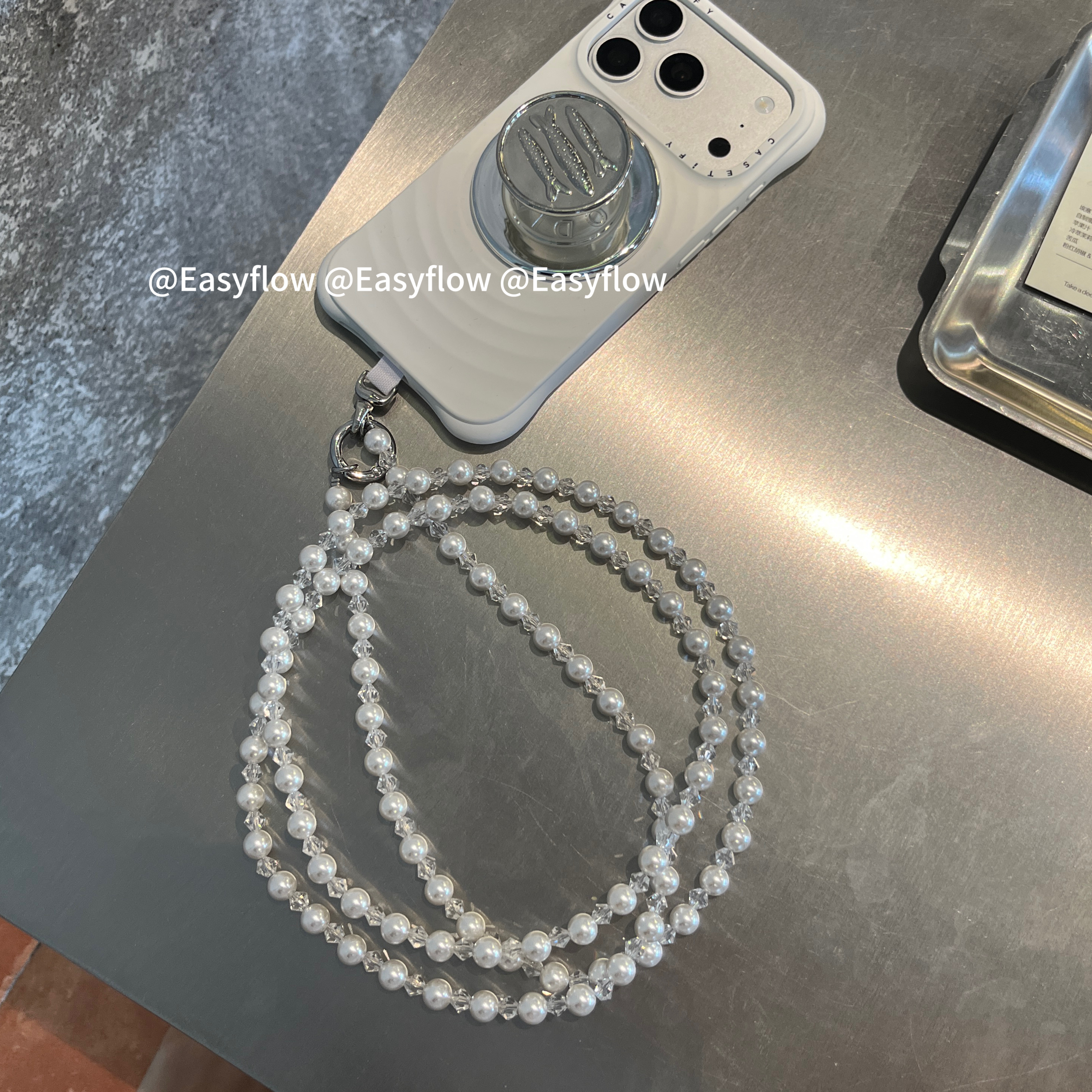 Easyflow|珍珠白水晶!巨美巨美的斜挎手机链手机挂绳手机背带