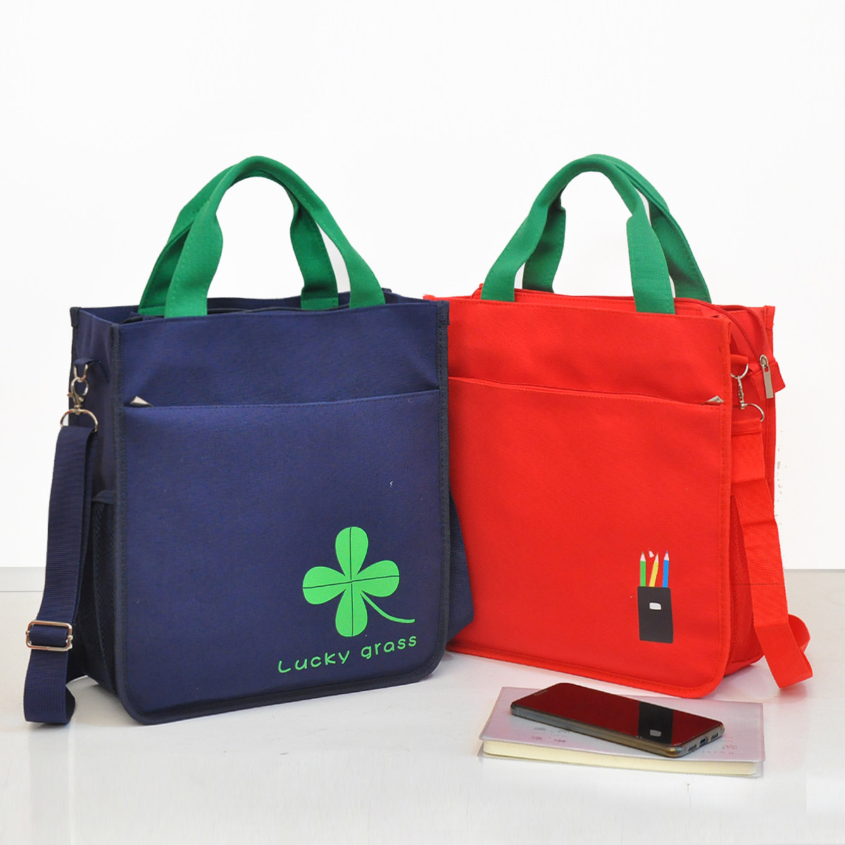 新款小学生手提袋加厚帆布单肩斜背包补习补课包手拎包书袋作业包