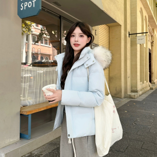 韩版高品质修身羽绒服女连帽短款貉子大毛领冬季加厚90白鸭绒外套