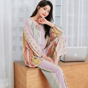 2024夏女妈妈宽松v领套头棉绸睡衣人造棉休闲绵绸碎花套装家居服