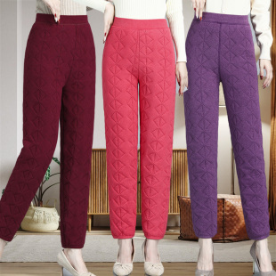 老人加厚蚕丝棉直筒裤 妈妈纯色夹棉打底裤 秋冬保暖棉裤 中老年女装