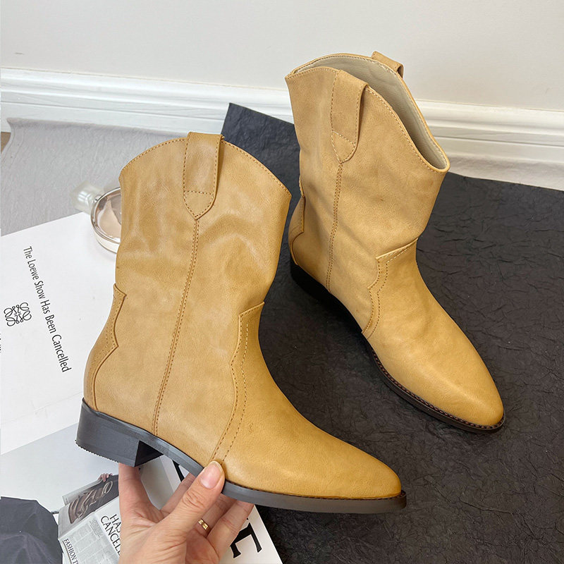 GENUINE LEATHER WESTERN COWBOY BOOTS WOMENS AUTUMN 2024 NEW VINTAGE POINTED TOE BOOTS SLEEVE V-MOUTH THIN BLOCK HEEL BOOTIES