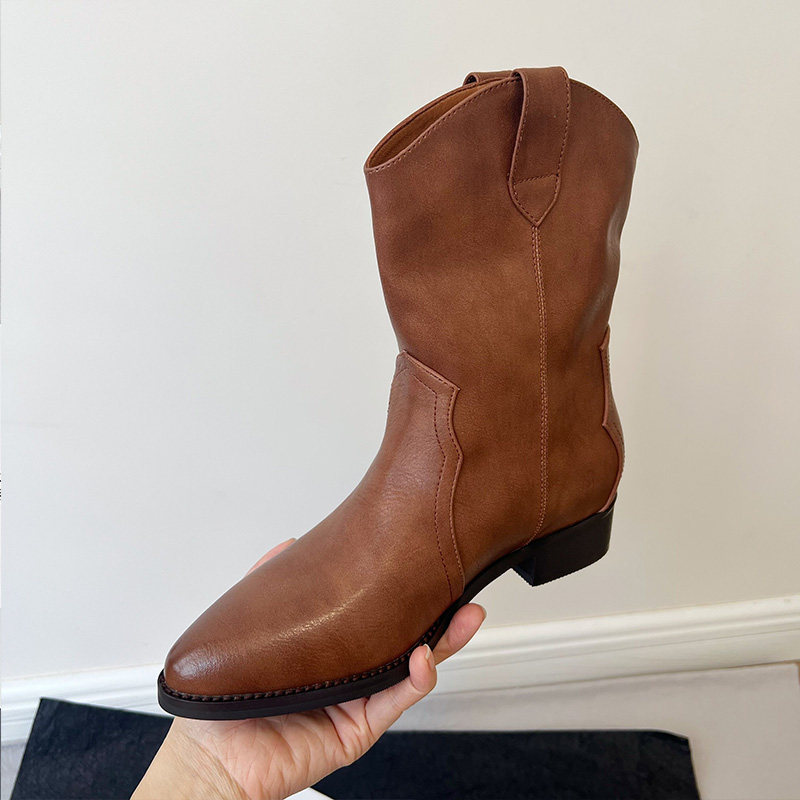 GENUINE LEATHER WESTERN COWBOY BOOTS WOMENS AUTUMN 2024 NEW VINTAGE POINTED TOE BOOTS SLEEVE V-MOUTH THIN BLOCK HEEL BOOTIES