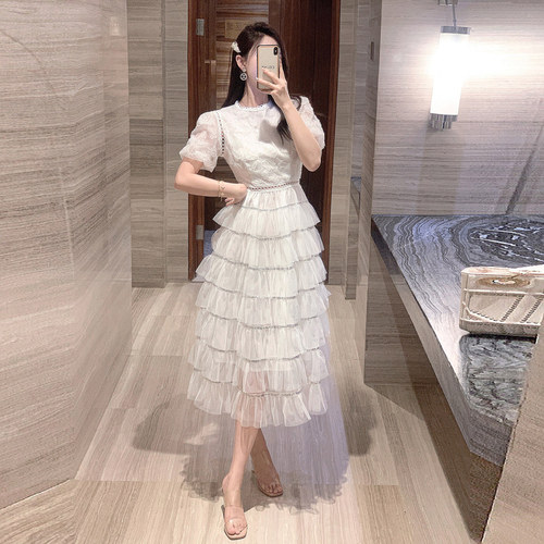 夏季女装2024年新款蛋糕长裙子白色气质仙女裙超好看网纱连衣裙