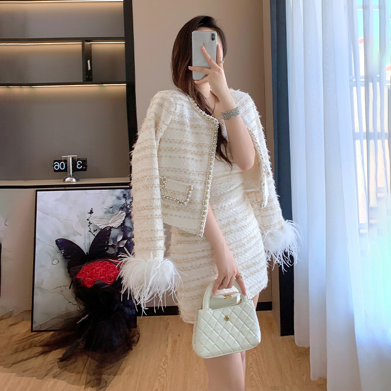 女法式小香风重工毛毛袖拼接镶钻圆领外套减龄气质亮丝上衣女半裙