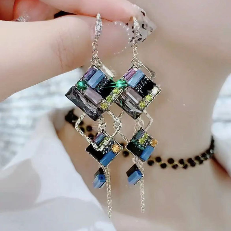 水晶流苏耳环女小众设计感几何