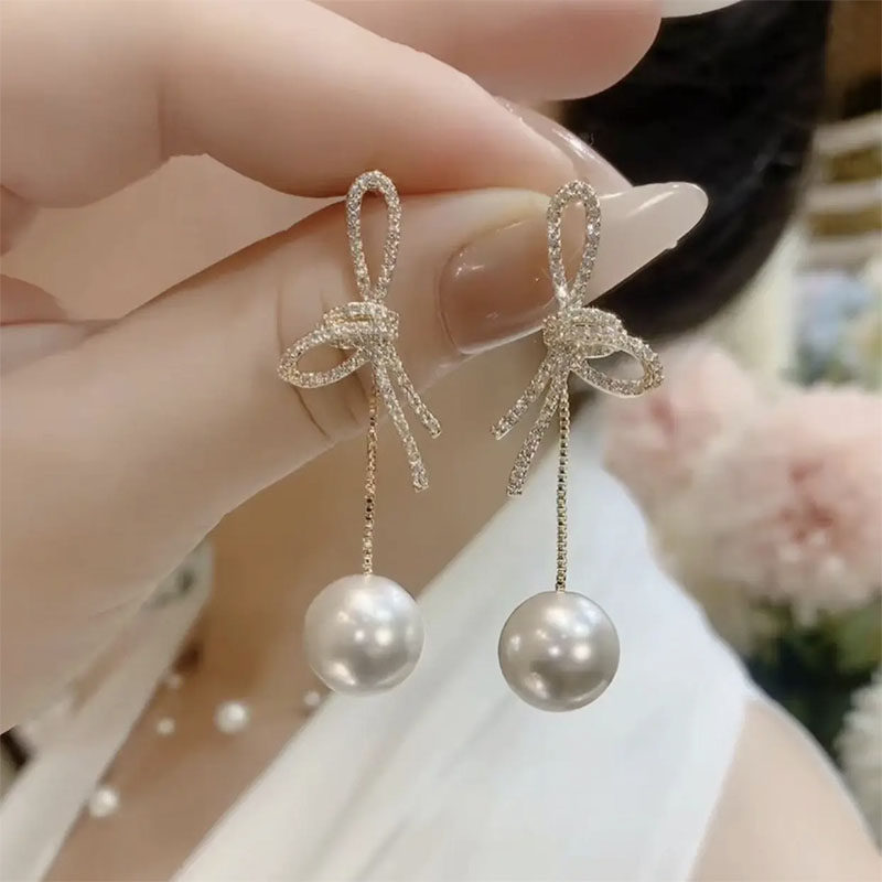蝴蝶结珍珠耳环女925纯银针