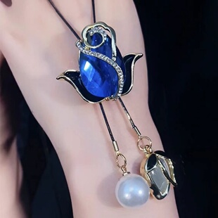 气质百搭蓝色郁金香毛衣链女秋冬百搭简约猫眼石长款项链时尚吊坠