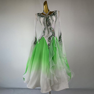 定制上身白氨纶配网袖 裙摆外渐变缎摩登舞华尔兹交谊国标舞比赛裙