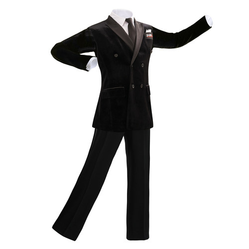 现货弹力丝绒加里布双层双排扣戗驳领色丁领单件外套摩登比赛服