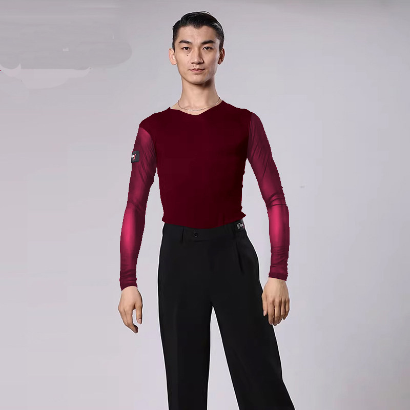 潘氏舞服男拉丁舞上衣V网长袖T恤练功服训练服木代尔棉氨纶网