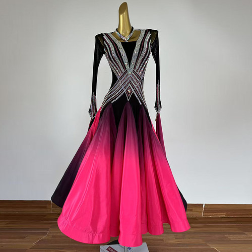 定制裙摆缎面国标舞摩登舞演出服华尔兹演出表演服交谊舞比赛舞裙