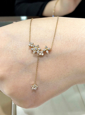 日本PV星星Y形流苏项链 女纯银镀黄金色花瓣镶钻锁骨链毛衣链气质