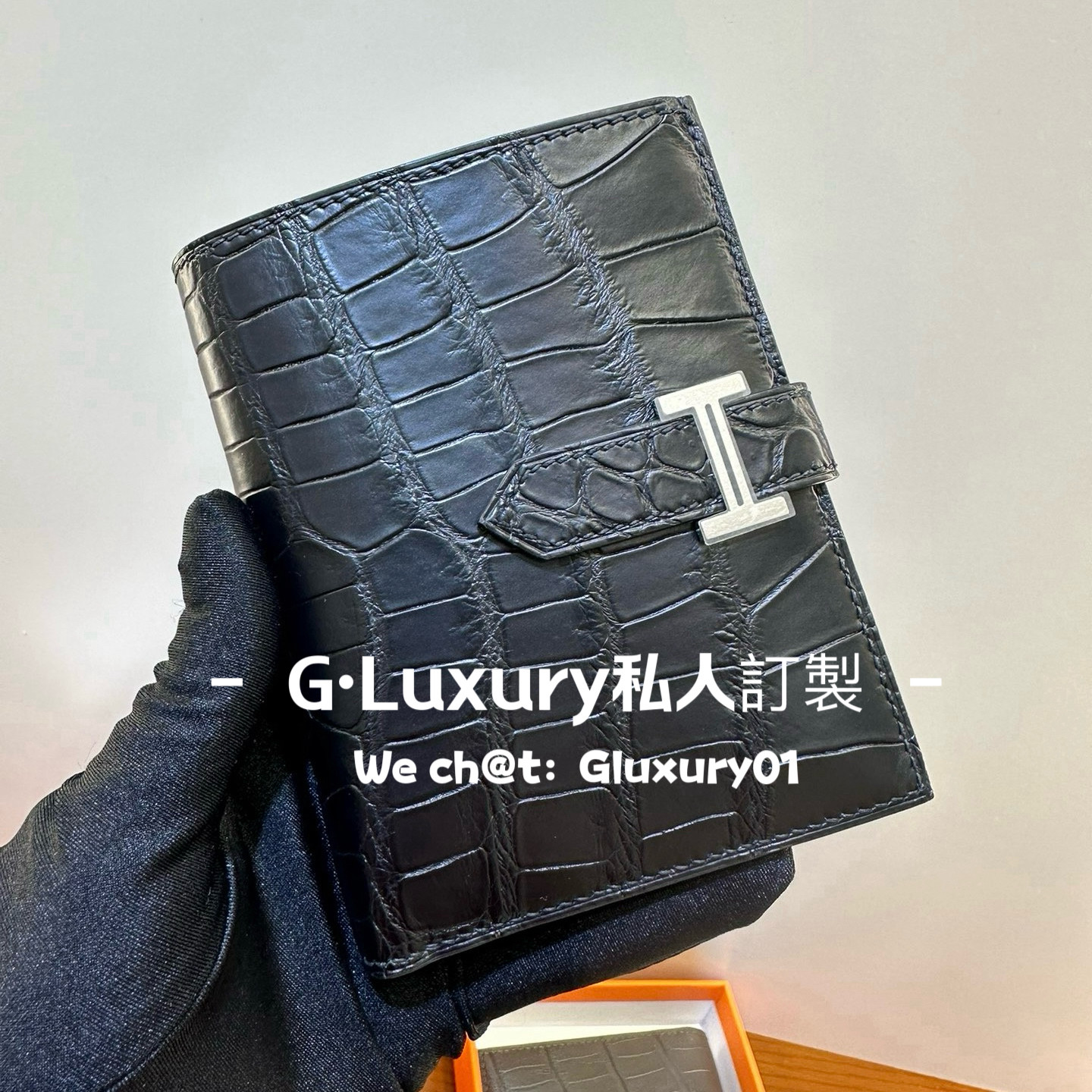H短款钱包纯手工缝制全手缝bearn短夹短款钱夹雾面方块鳄鱼皮黑色