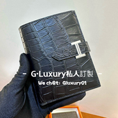 H短款 钱包纯手工缝制全手缝bearn短夹短款 钱夹雾面方块鳄鱼皮黑色