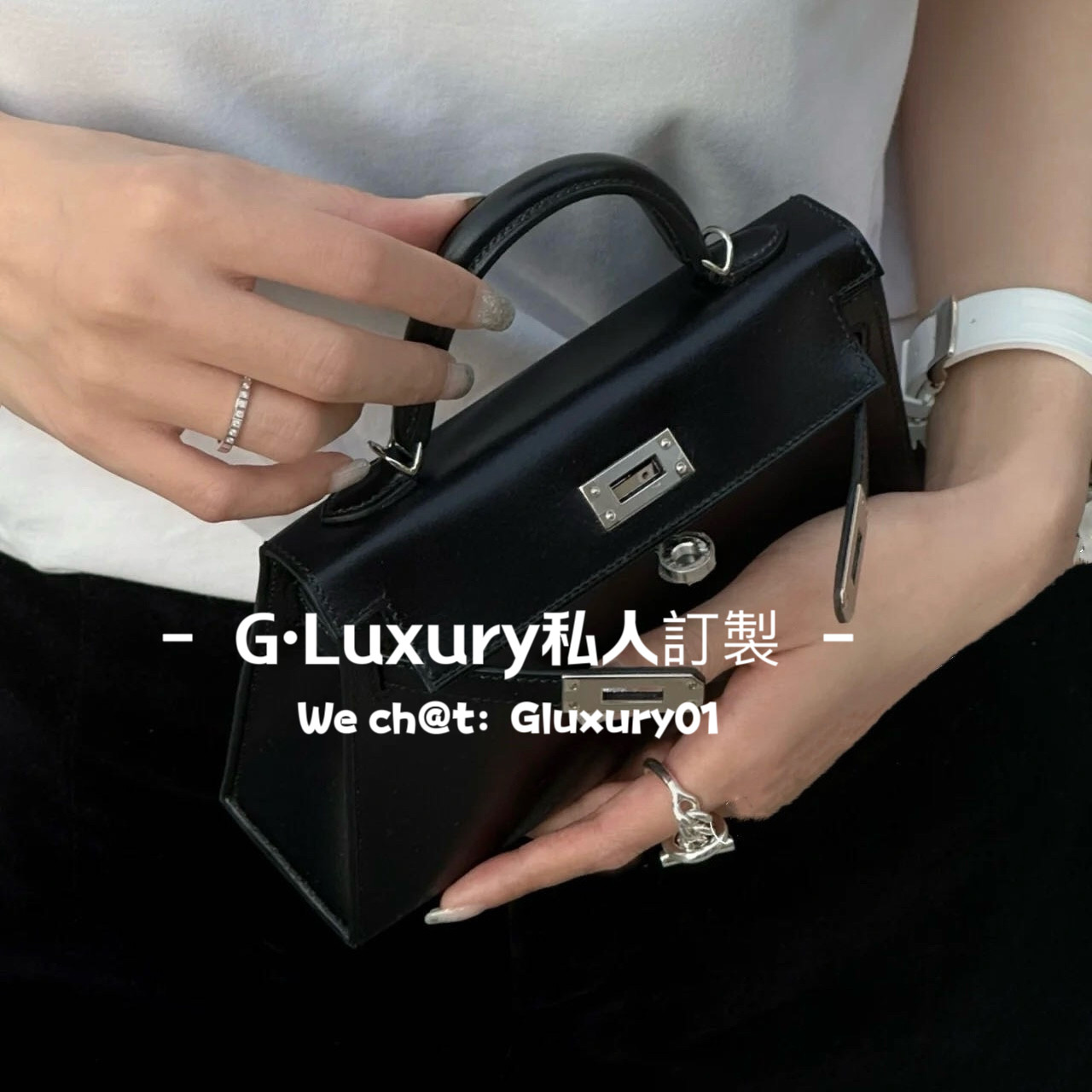 G.Luxury全手工蜡线纯手缝H家迷你凯莉包mini二代Box光面牛皮黑色