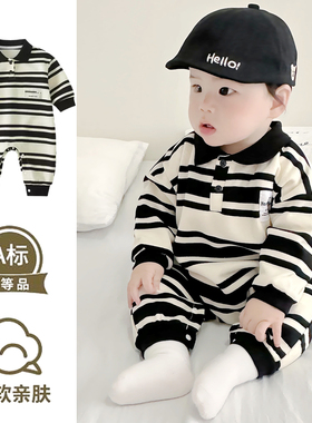 婴儿翻领plol衫连体衣男宝宝哈衣条纹爬服新生儿童长袖外出服春秋