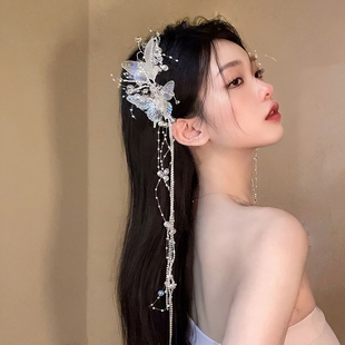 2025新款蝴蝶流苏仿珍珠发夹新娘婚纱头饰仙美森系水晶发饰配饰