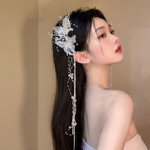 透明水晶发夹蝴蝶流苏对夹发饰