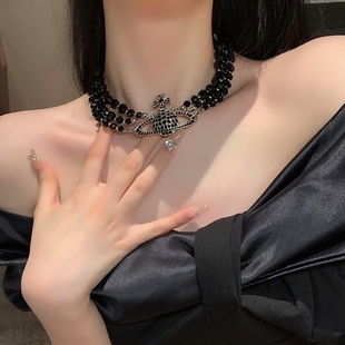 奇怪教母 新款满钻三层黑玛瑙土星项链女复古个性短款锁骨链颈链