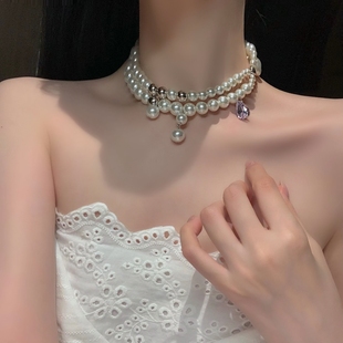 复古闪锆双层仿珍珠choker项链女轻奢气质百搭锁骨链高级感颈链
