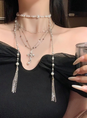 Y2K亚文化十字架项链金属吊坠多层锁骨链哥特甜酷辣妹长款毛衣链